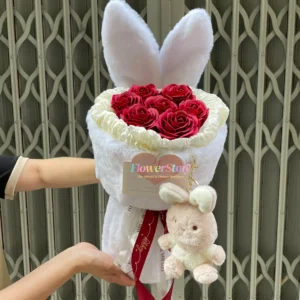 Bó Hoa Sáp Hồng Đỏ Thỏ Nâu